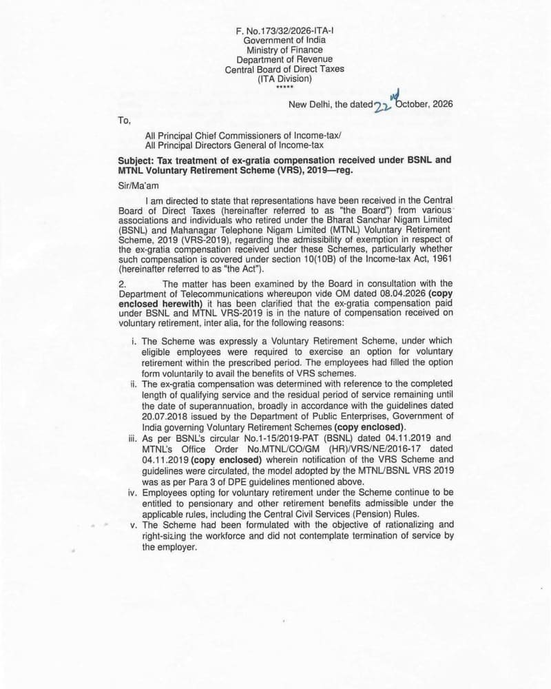 CBDT order on Tax treatment of ex-gratia compensation received under BSNL and MTNL Voluntary Retirement Scheme (VRS), 2019 CBDT order on Tax treatment of ex-gratia compensation received under BSNL and MTNL Voluntary Retirement Scheme (VRS), 2019