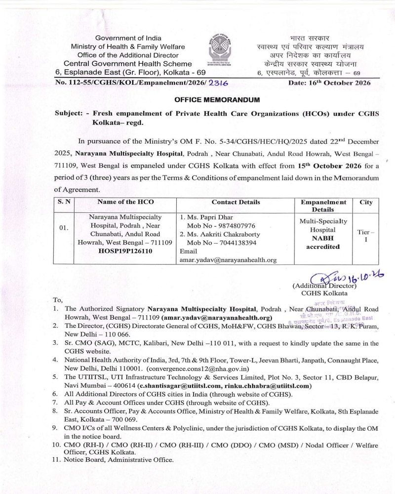 Fresh Empanelment of Narayana Multispecialty Hospital under CGHS Kolkata with effect from 15.10.2026