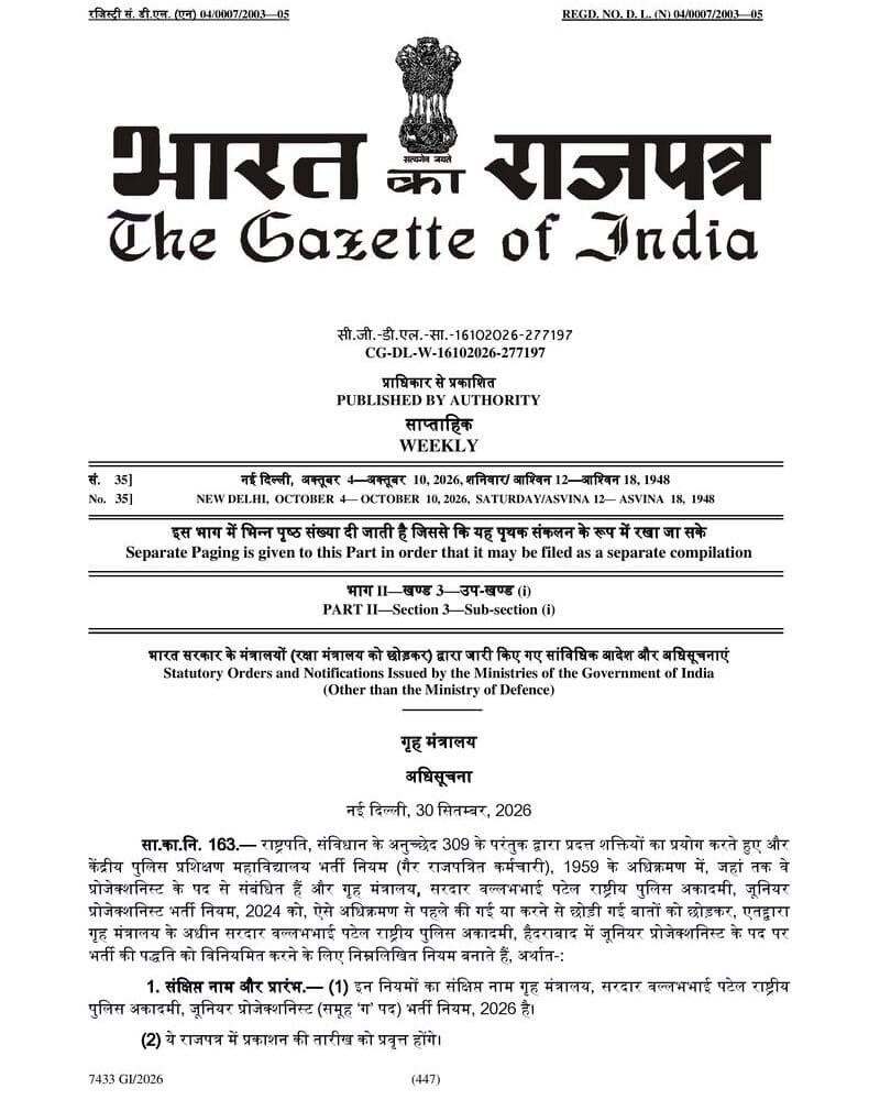 Junior Projectionist, (Group ‘C’ Post) Recruitment Rules, 2026 Sardar Vallabhbhai Patel National Police Academy: Gazette Notification No. G.S.R., 163 dated 30th September,2026