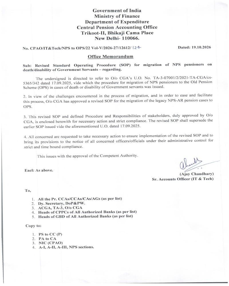 Migration of NPS pensioners on death/disability of Government Servants – Revised SOP issued by CPAO vide OM dated 19.10.2026 Migration of NPS pensioners on death/disability of Government Servants – Revised SOP issued by CPAO vide OM dated 19.10.2026