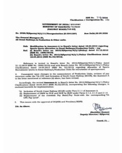 Modification in Annexure-A to Board's letter dated 18.04.2012 regarding Sports Quota allocation to Zonal Railways/Production Units - RBE No. 79/2026 3 modification-sports-quota-allocation-zonal-railways
