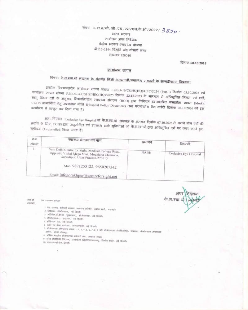 New Delhi Centre for Sight – Empanelment of Private Health Care Organization (HCO) under CGHS Lucknow : Office Memorandum dated 08.10.2026 New Delhi Centre for Sight – Empanelment of Private Health Care Organization (HCO) under CGHS Lucknow : Office Memorandum dated 08.10.2026