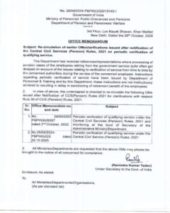 Periodic Verification of Qualifying Service under CCS (Pension) Rules 2021 - Re-circulation of earlier OMs/clarifications reg 2 periodic-verification-of-qualifying-service-under-ccs-pension-rules-2021