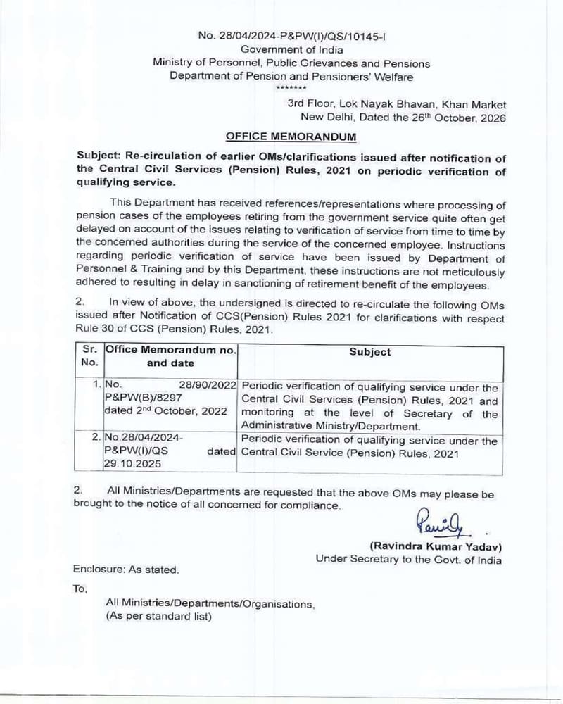 Periodic Verification of Qualifying Service under CCS (Pension) Rules 2021 – Re-circulation of earlier OMs/clarifications reg Periodic Verification of Qualifying Service under CCS (Pension) Rules 2021 – Re-circulation of earlier OMs/clarifications reg