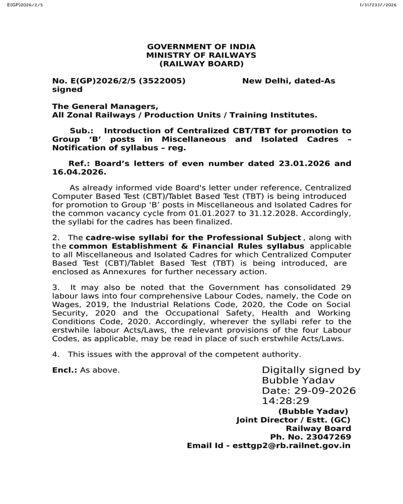 Notification of syllabus for Centralized CBT/TBT for promotion to Group ‘B’ posts in Miscellaneous and Isolated Cadres – Railway Board order dated 29.09.2026