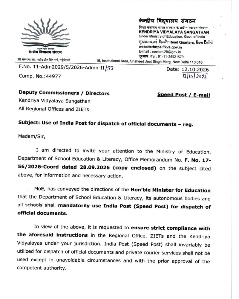 Use of India Post for dispatch of official documents – KVS Order dated 13.10.2026 Use of India Post for dispatch of official documents – KVS Order dated 13.10.2026