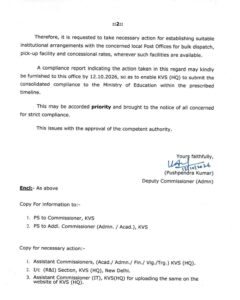 Use of India Post for dispatch of official documents - KVS Order dated 13.10.2026 4 Use of India Post for dispatch of official documents