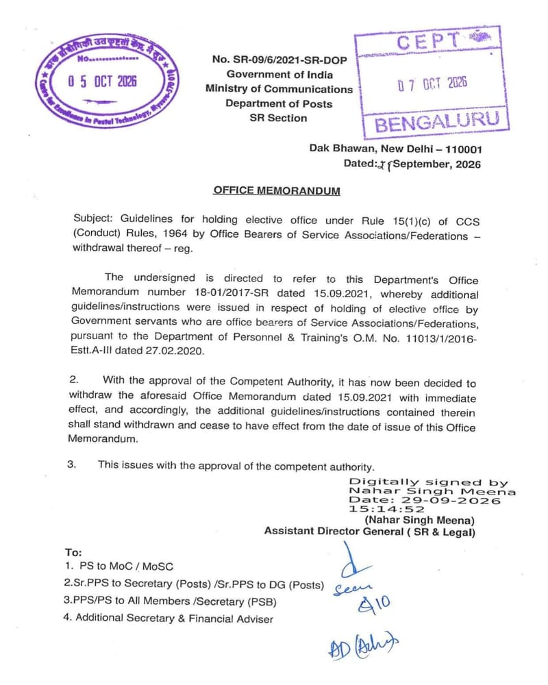 DOP withdraws Guidelines on Holding Service Association Office Bearer under CCS (Conduct) Rules – OM dated 29-09-2026 DOP withdraws Guidelines on Holding Service Association Office Bearer under CCS (Conduct) Rules – OM dated 29-09-2026